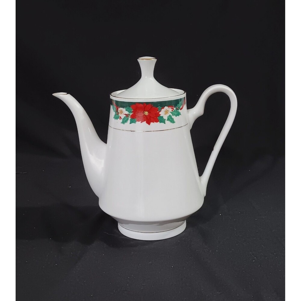 2-PIECE TIENSHAN "DECK THE HALLS" COFFEE POT WITH LID/WHT-RED-GRN-GOLD